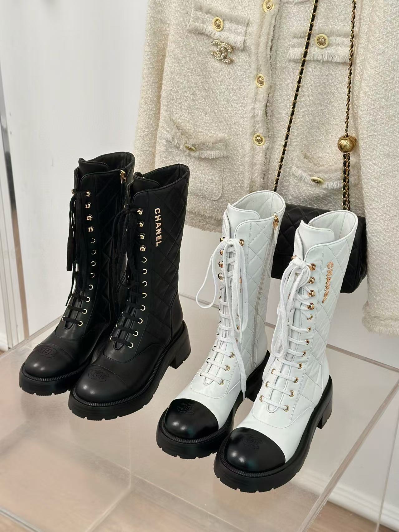 CHANE1 高品質ダブルCレターレースアップ太ヒールミッドカーフブーツ【50％割引+送料無料】