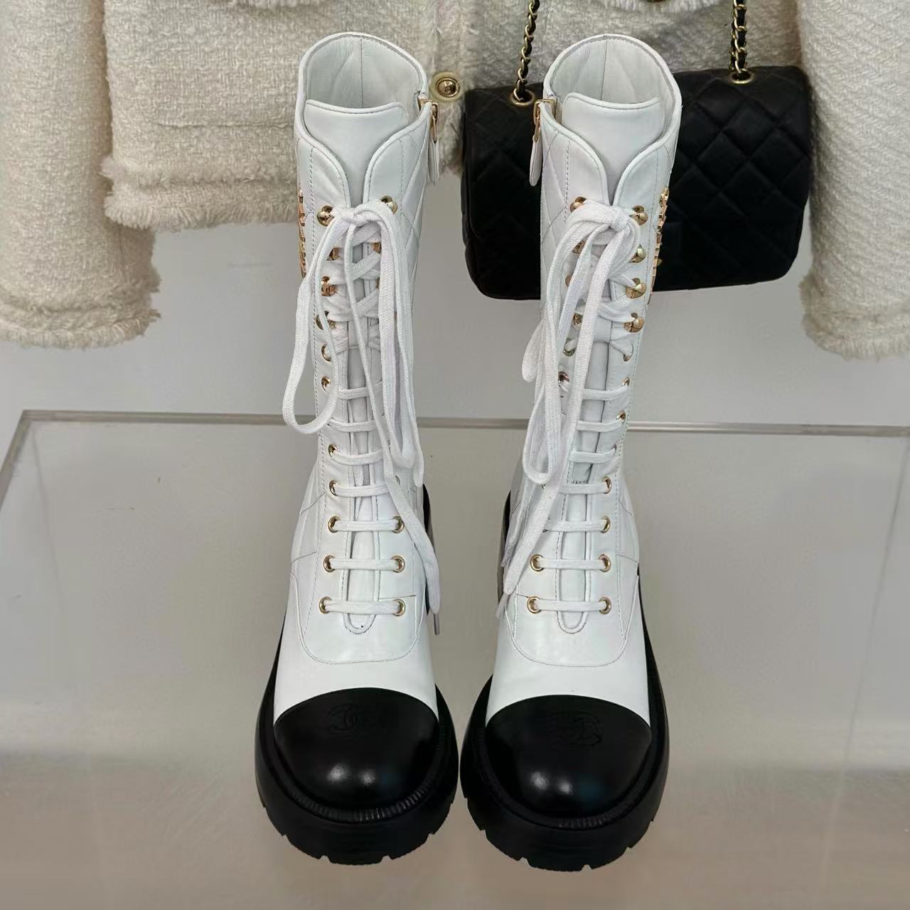 CHANE1 高品質ダブルCレターレースアップ太ヒールミッドカーフブーツ【50％割引+送料無料】