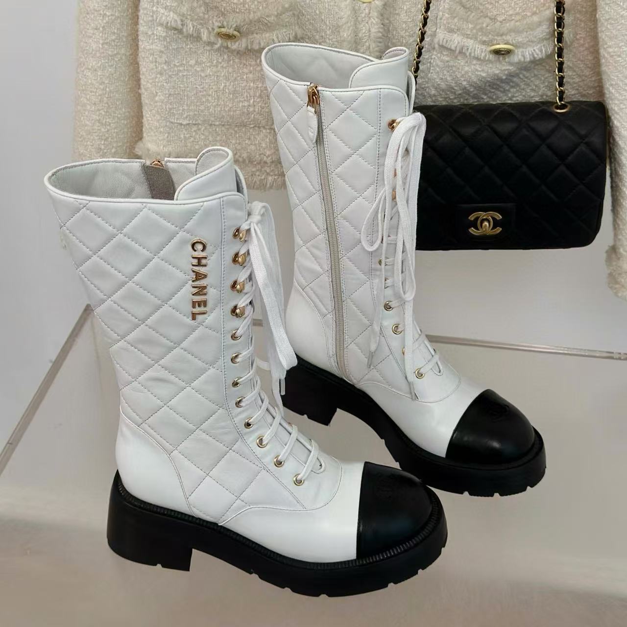 CHANE1 高品質ダブルCレターレースアップ太ヒールミッドカーフブーツ【50％割引+送料無料】