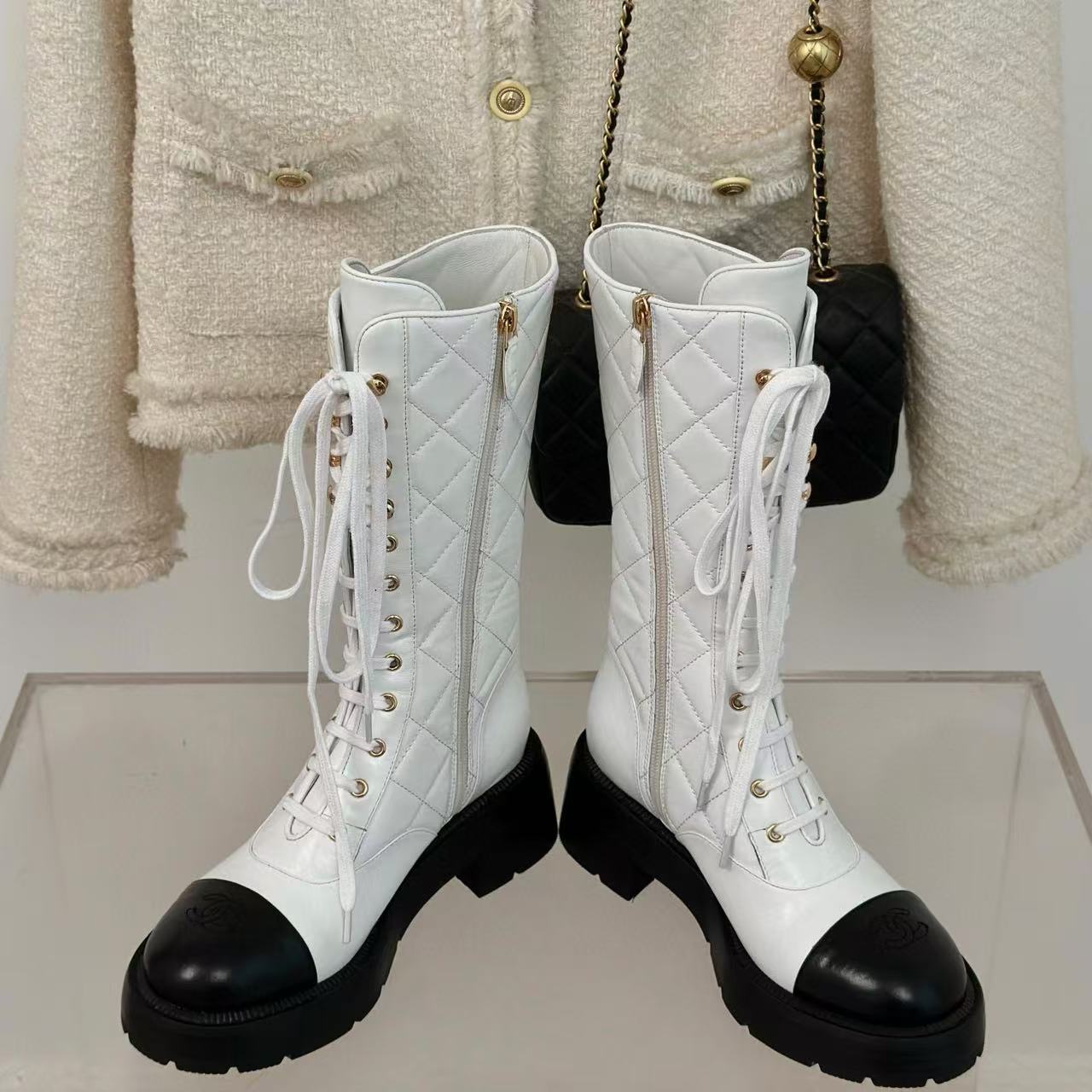 CHANE1 高品質ダブルCレターレースアップ太ヒールミッドカーフブーツ【50％割引+送料無料】