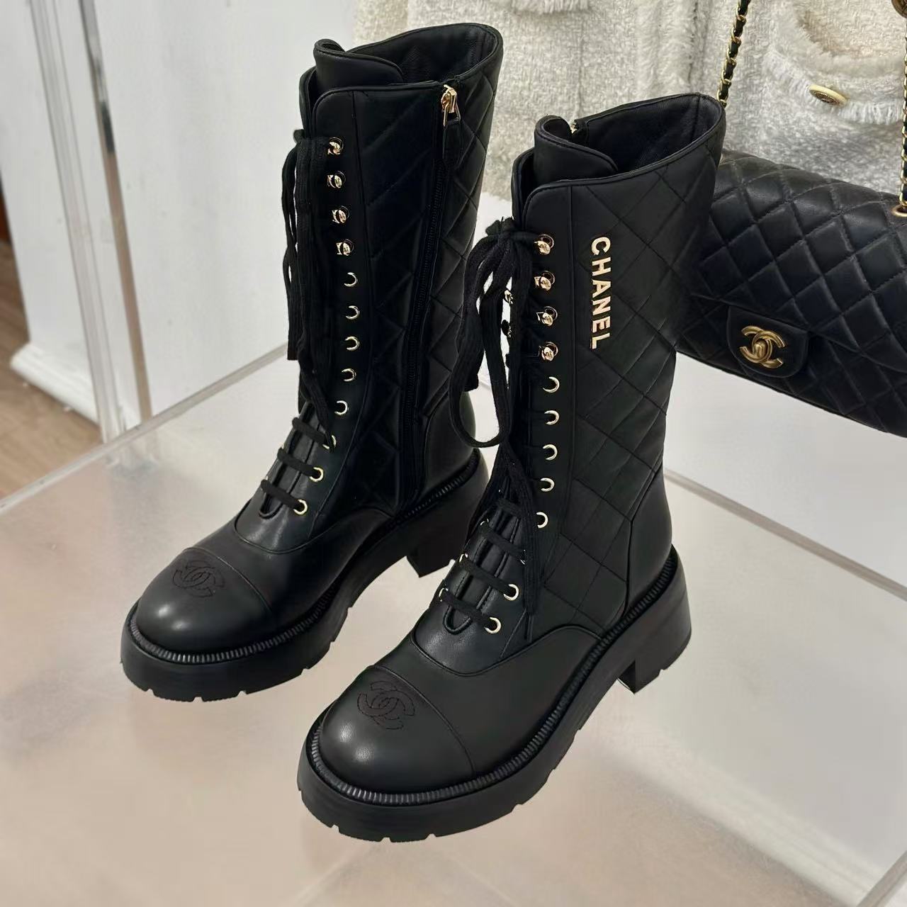 CHANE1 高品質ダブルCレターレースアップ太ヒールミッドカーフブーツ【50％割引+送料無料】