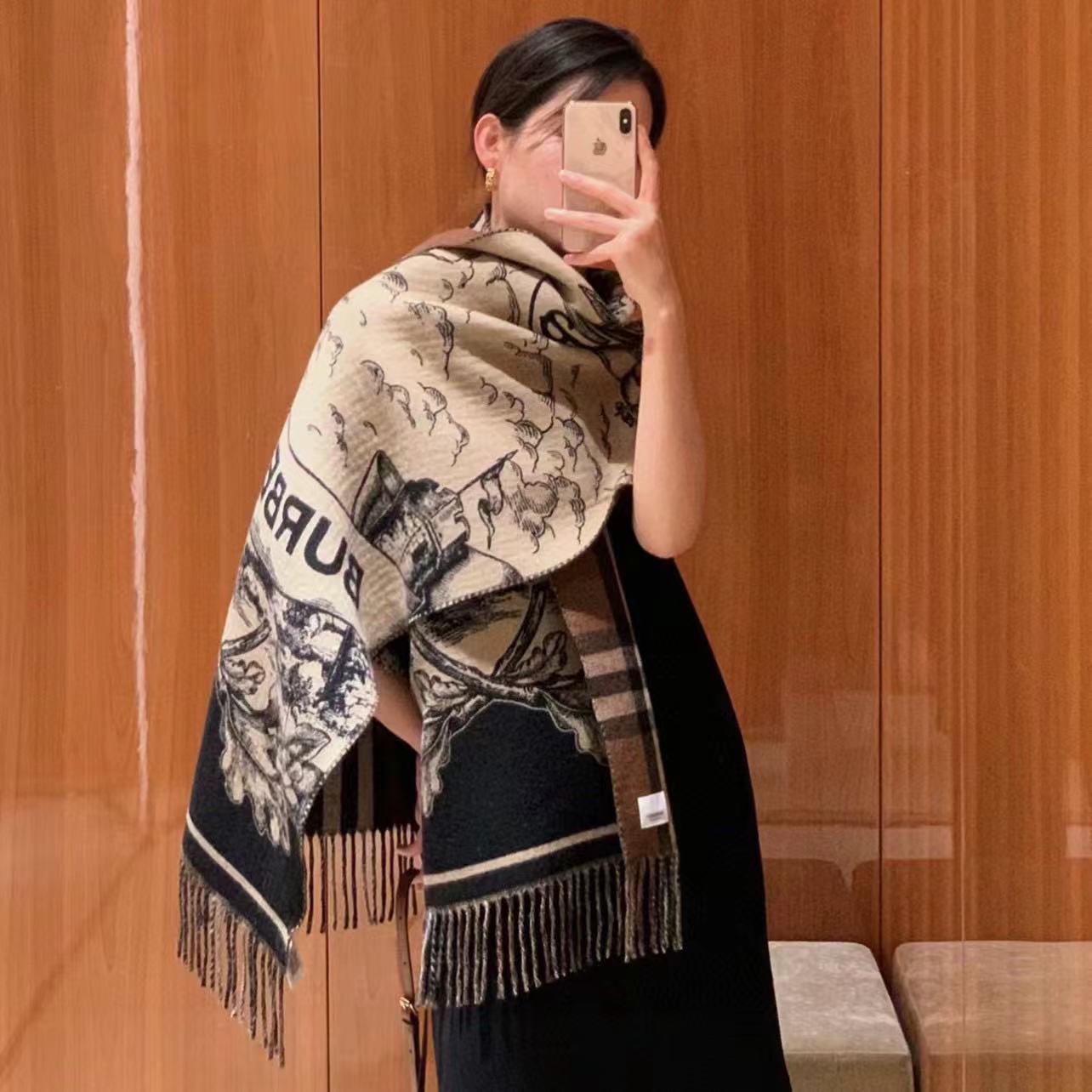 BUR8ERRY 両面カシミヤウォーホースタッセルスカーフ【50％割引+送料無料】