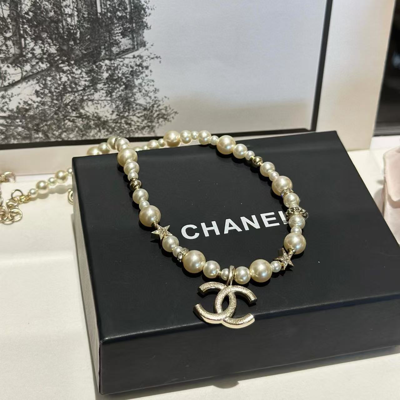 CHANE1 ダブルCダイヤモンド五芒星パールネックレス【50％割引+送料無料】