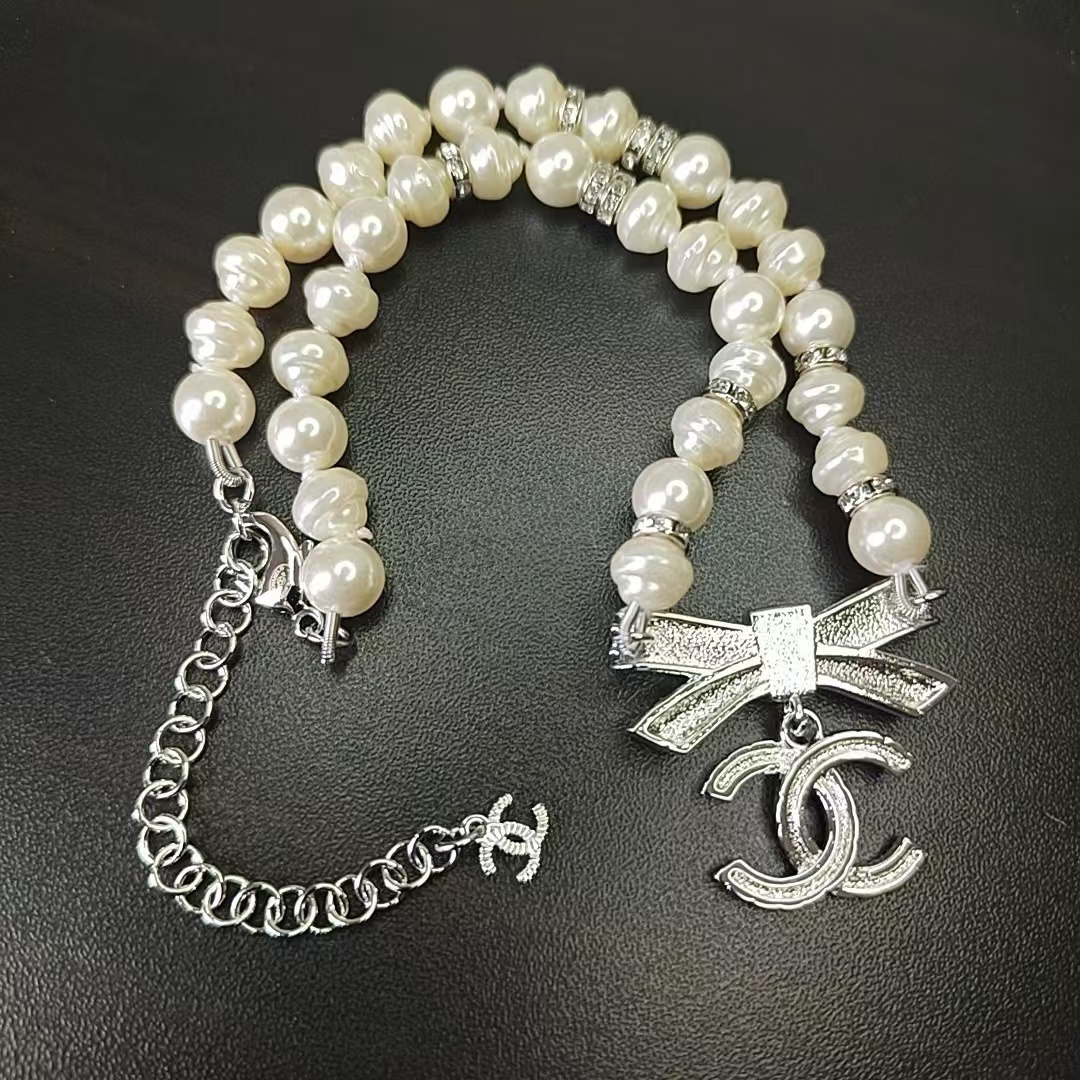 CHANE1 ボウ ダブル C パール ネックレス【50％割引+送料無料】