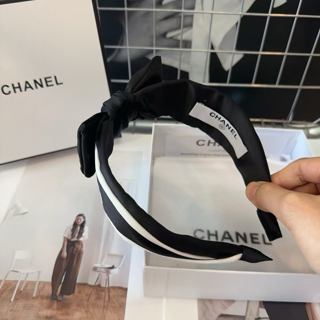 CHANE1 黒と白のダブル C ロゴ リボン ヘッドバンド【50％割引+送料無料】