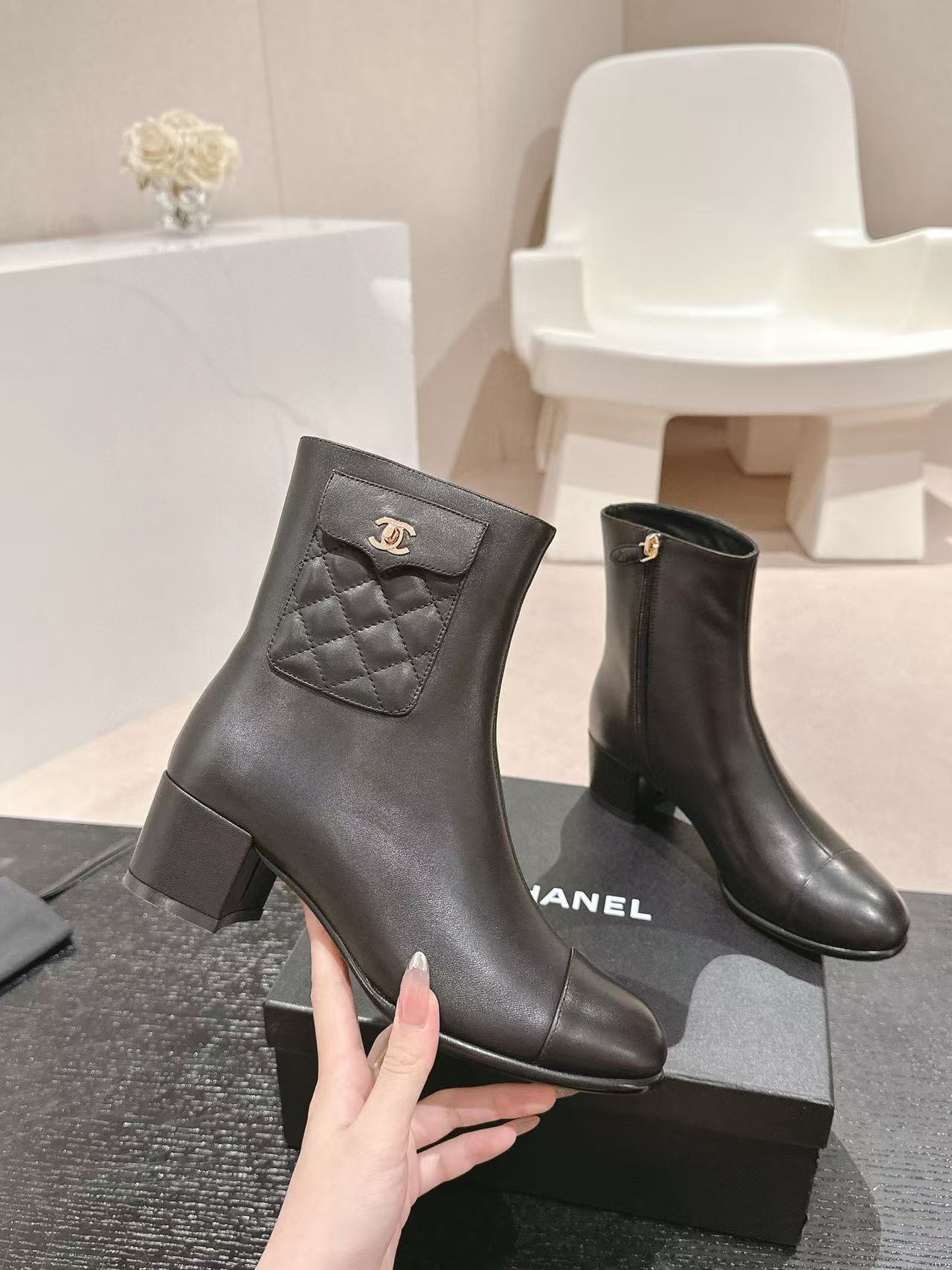 CHANE1 高品質 24B 牛革ローヒールブーツ【50％割引+送料無料】
