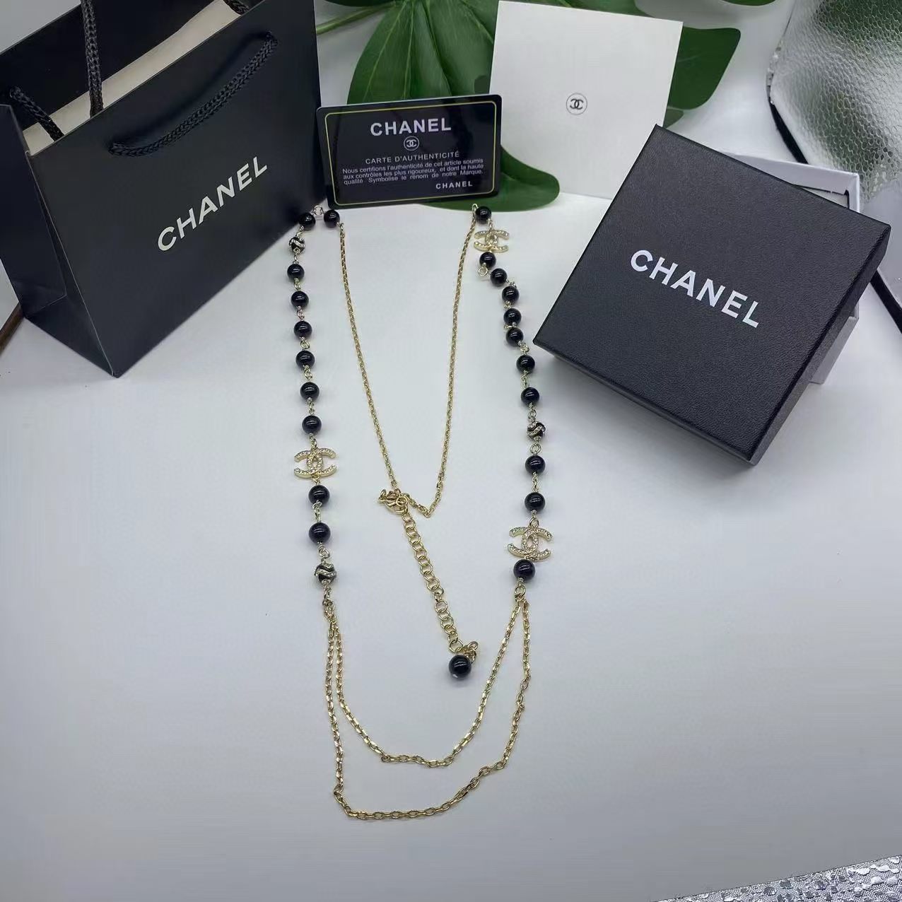 CHANE1 ブラック パール ダブル C セーター チェーン【50％割引+送料無料】