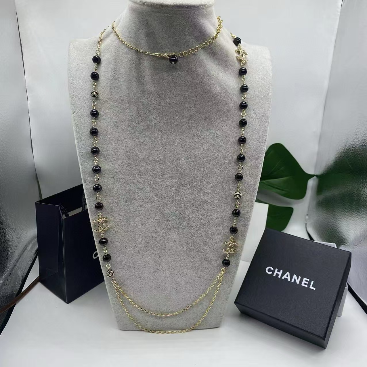 CHANE1 ブラック パール ダブル C セーター チェーン【50％割引+送料無料】