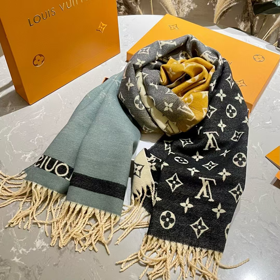 LV カラーブロック カシミア フリンジ スカーフ【50％割引+送料無料】
