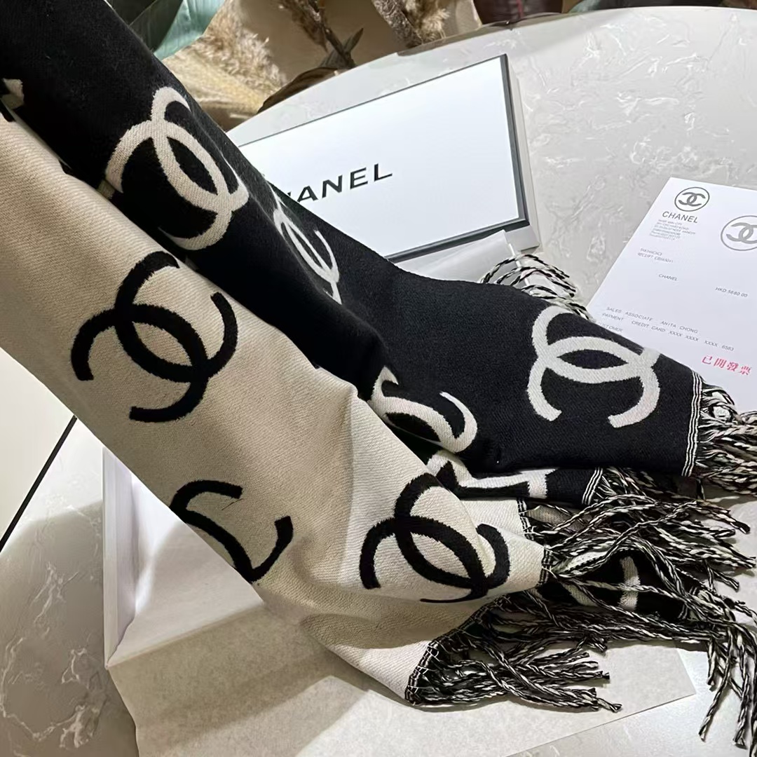 CHANE1 ダブルcLOGO タッセルカシミヤスカーフ【50％割引+送料無料】