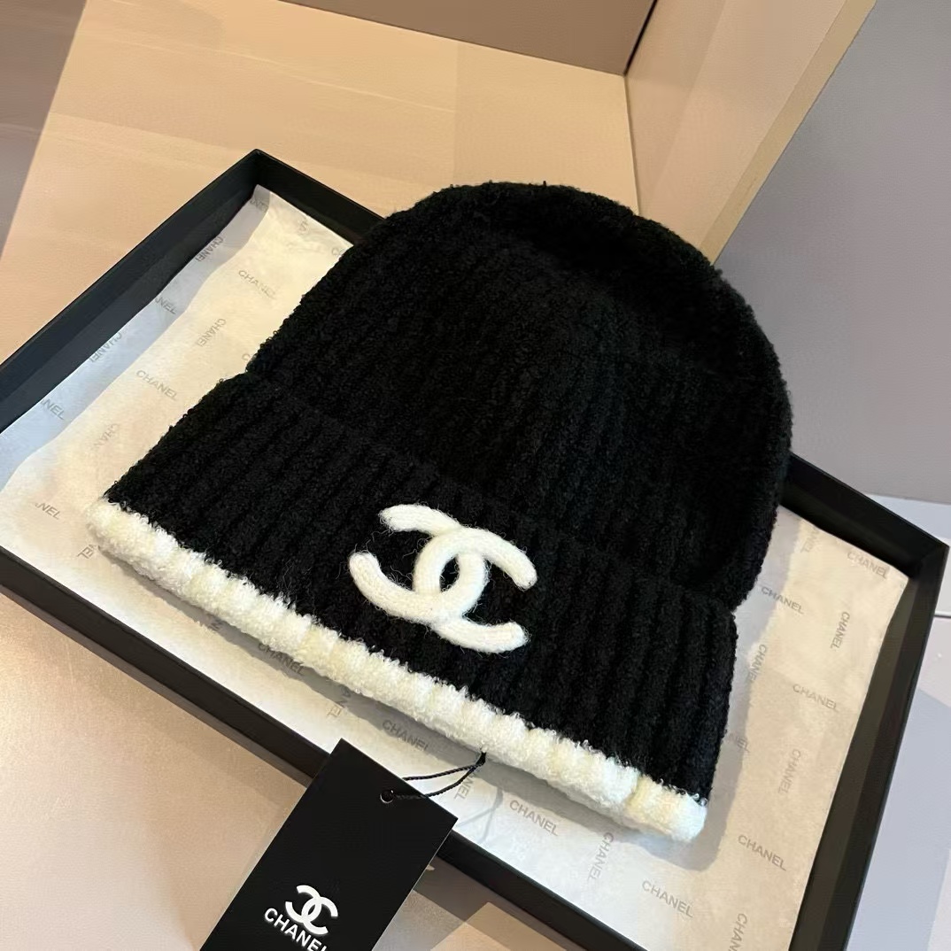 CHANE1 白黒ダブルC ラージロゴウールハット【50％割引+送料無料】