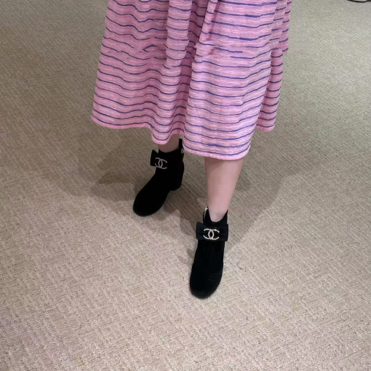 CHANE1 高品質ベルベット ダブルC ショートブーツ【50％割引+送料無料】