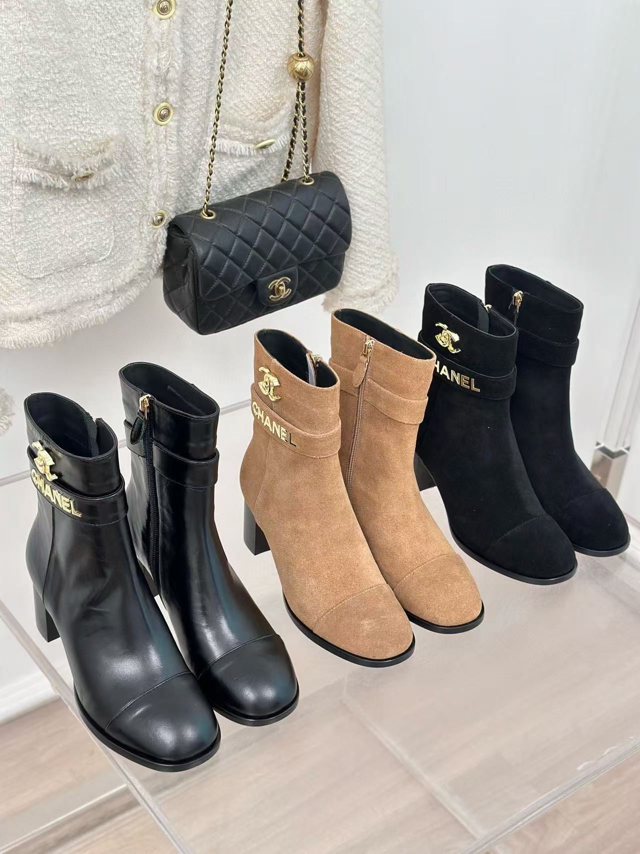 CHANE1 高品質ダブルCレター太ヒールブーツ【50％割引+送料無料】