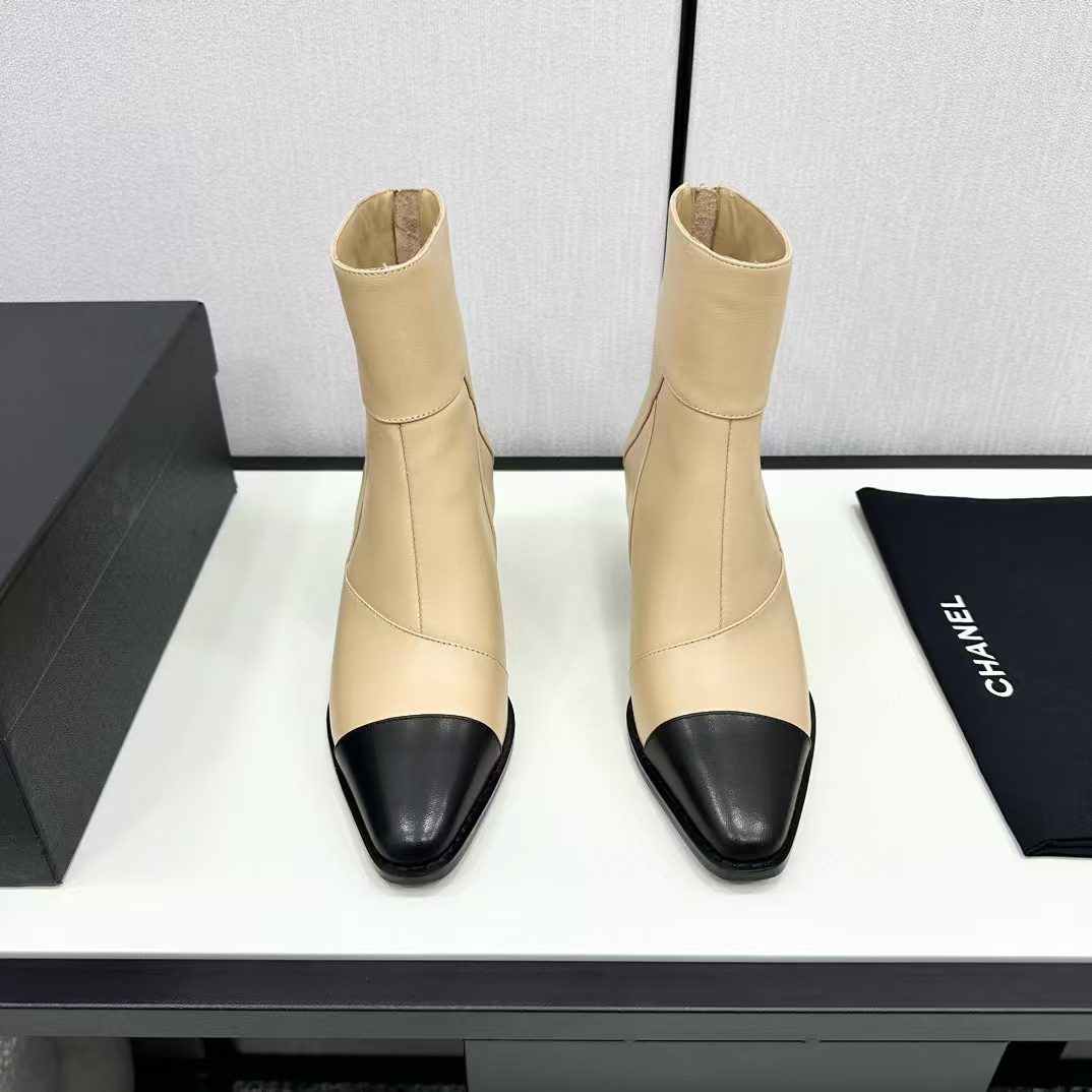 CHANE1 上質なカラーブロック ポインテッドトゥ シープスキン ショートブーツ【50％割引+送料無料】