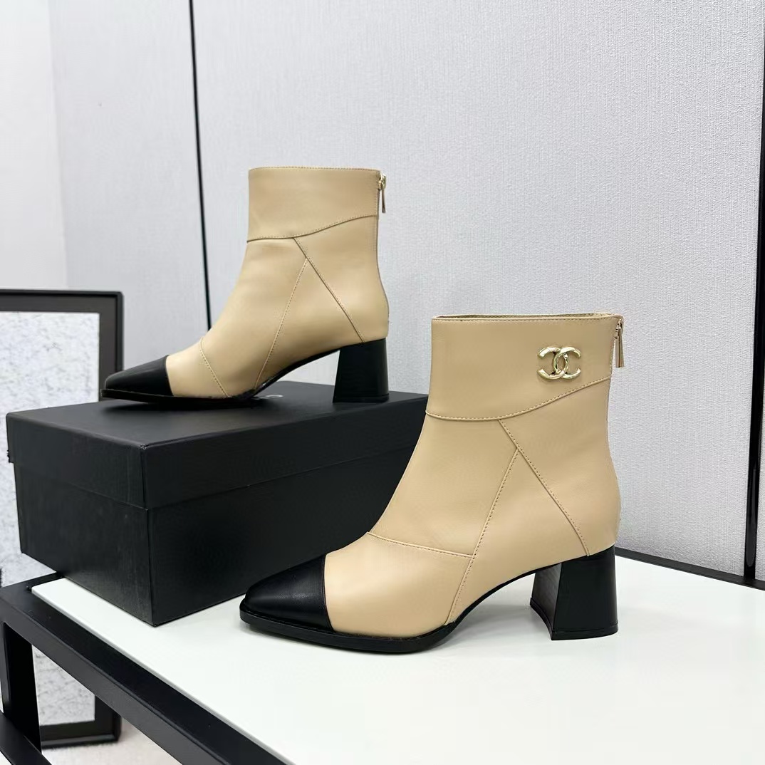 CHANE1 上質なカラーブロック ポインテッドトゥ シープスキン ショートブーツ【50％割引+送料無料】