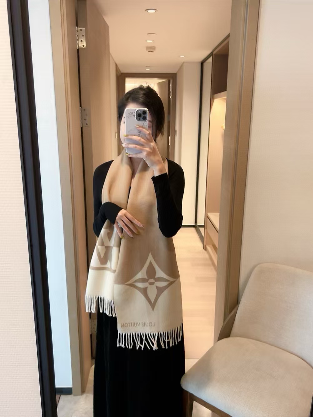 LV 四つ葉のクローバー カシミヤ フリンジスカーフ【50％割引+送料無料】