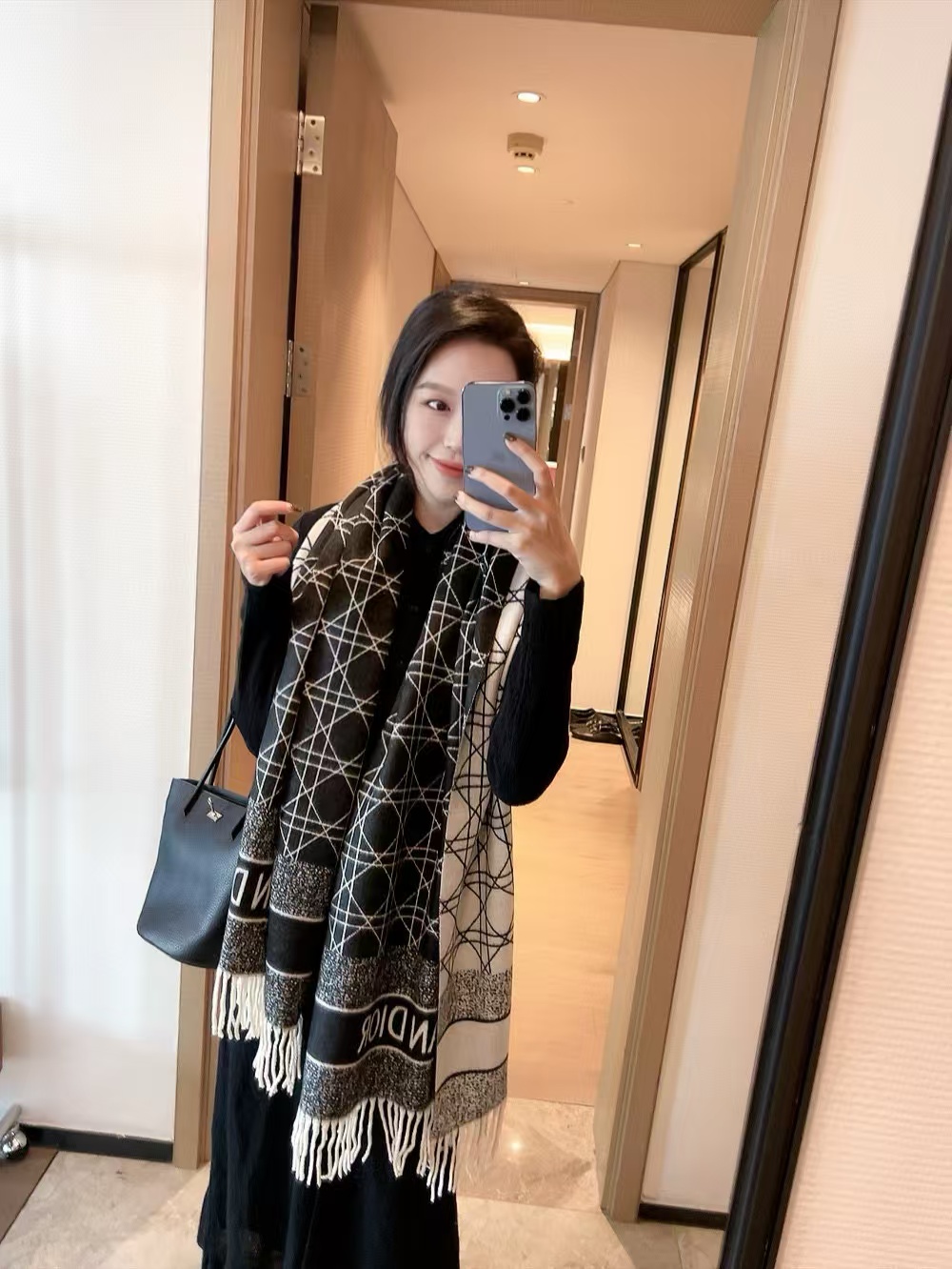 DI0R チェック柄ウール フリンジ付きスカーフ【50％割引+送料無料】