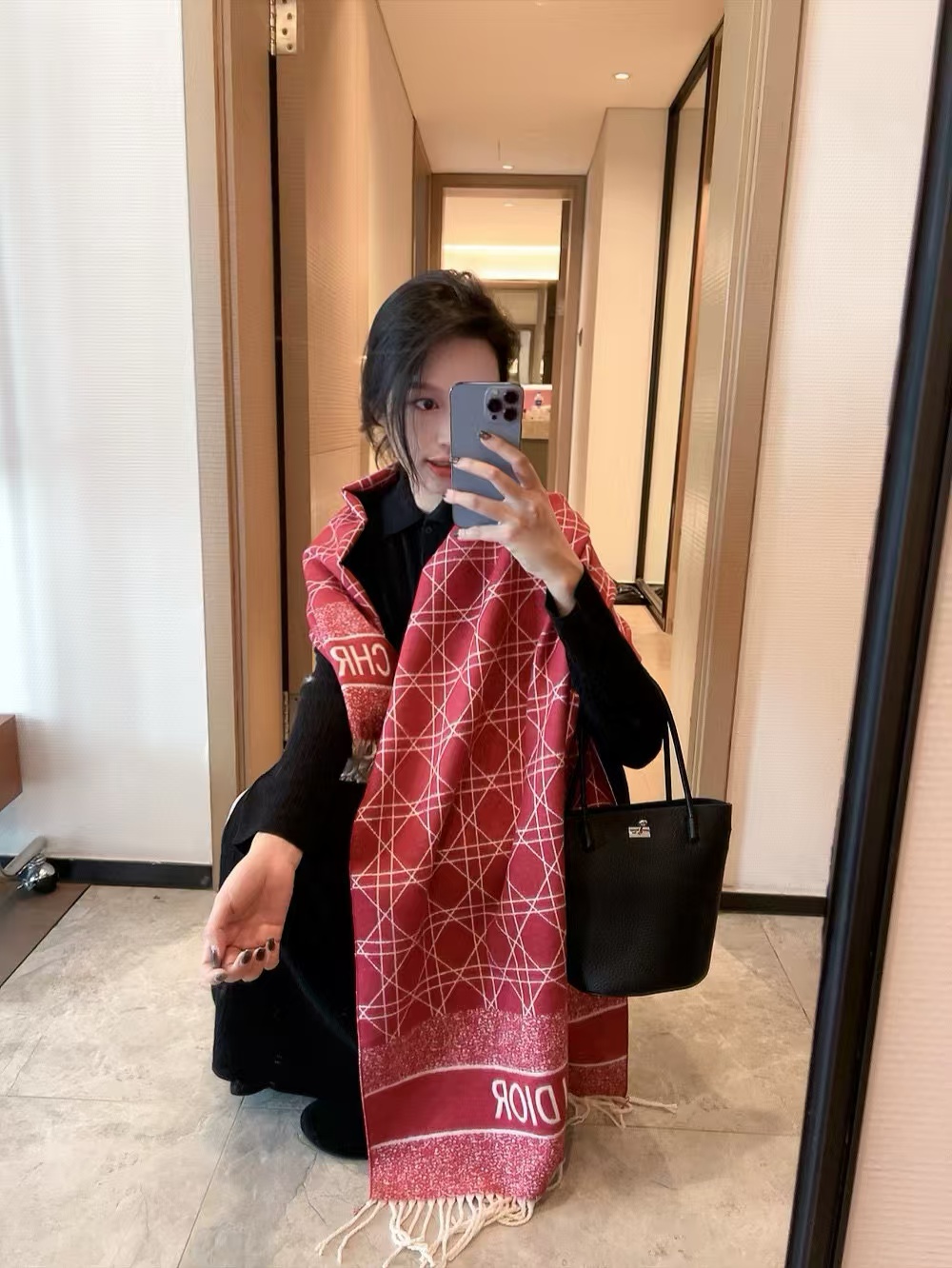 DI0R チェック柄ウール フリンジ付きスカーフ【50％割引+送料無料】