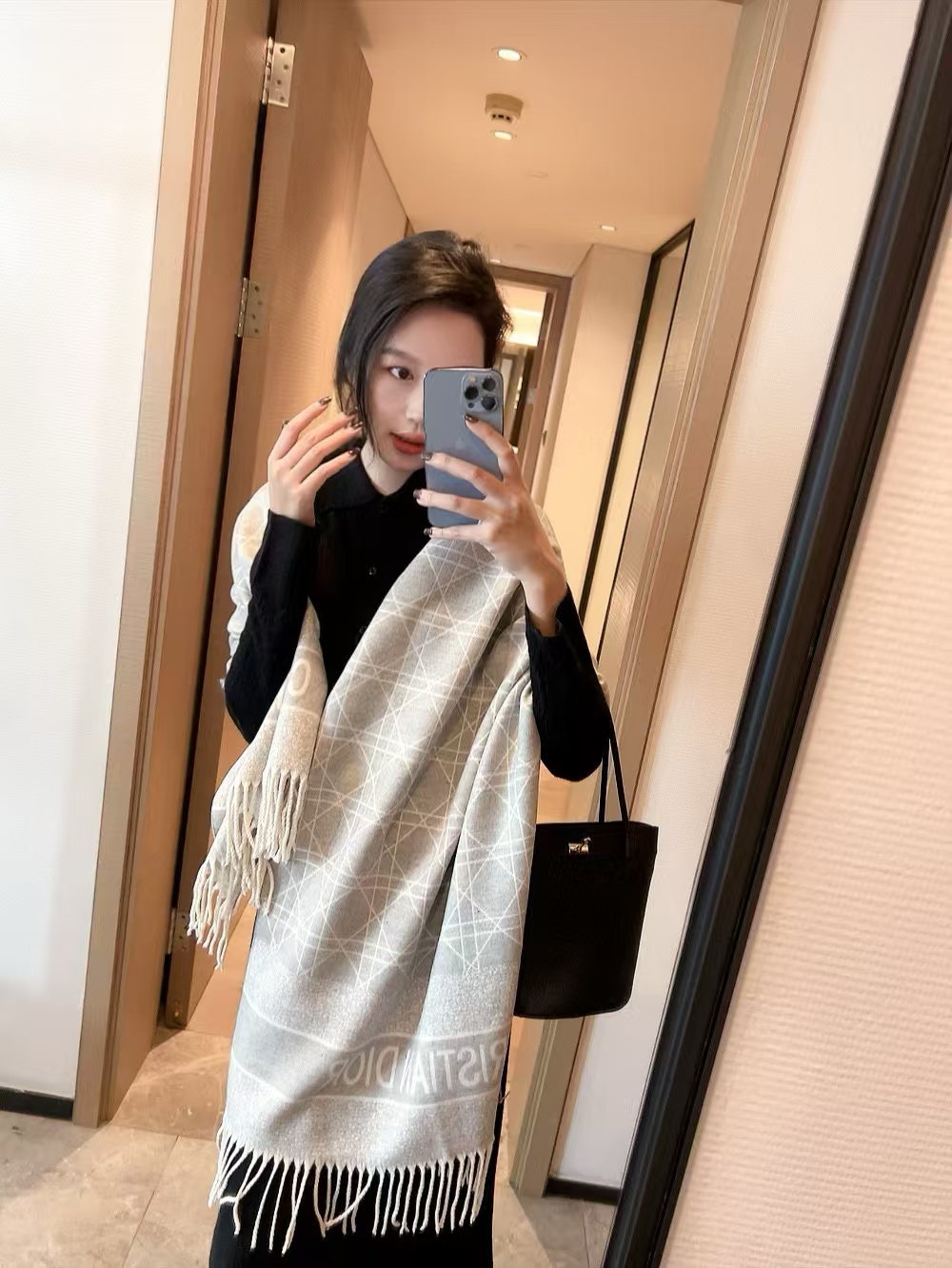 DI0R チェック柄ウール フリンジ付きスカーフ【50％割引+送料無料】