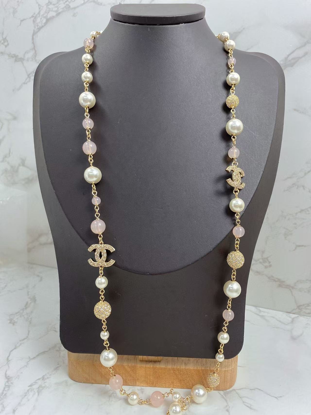CHANE1 ダイヤモンド付きピンク パール セーター チェーン【 50％割引+送料無料】