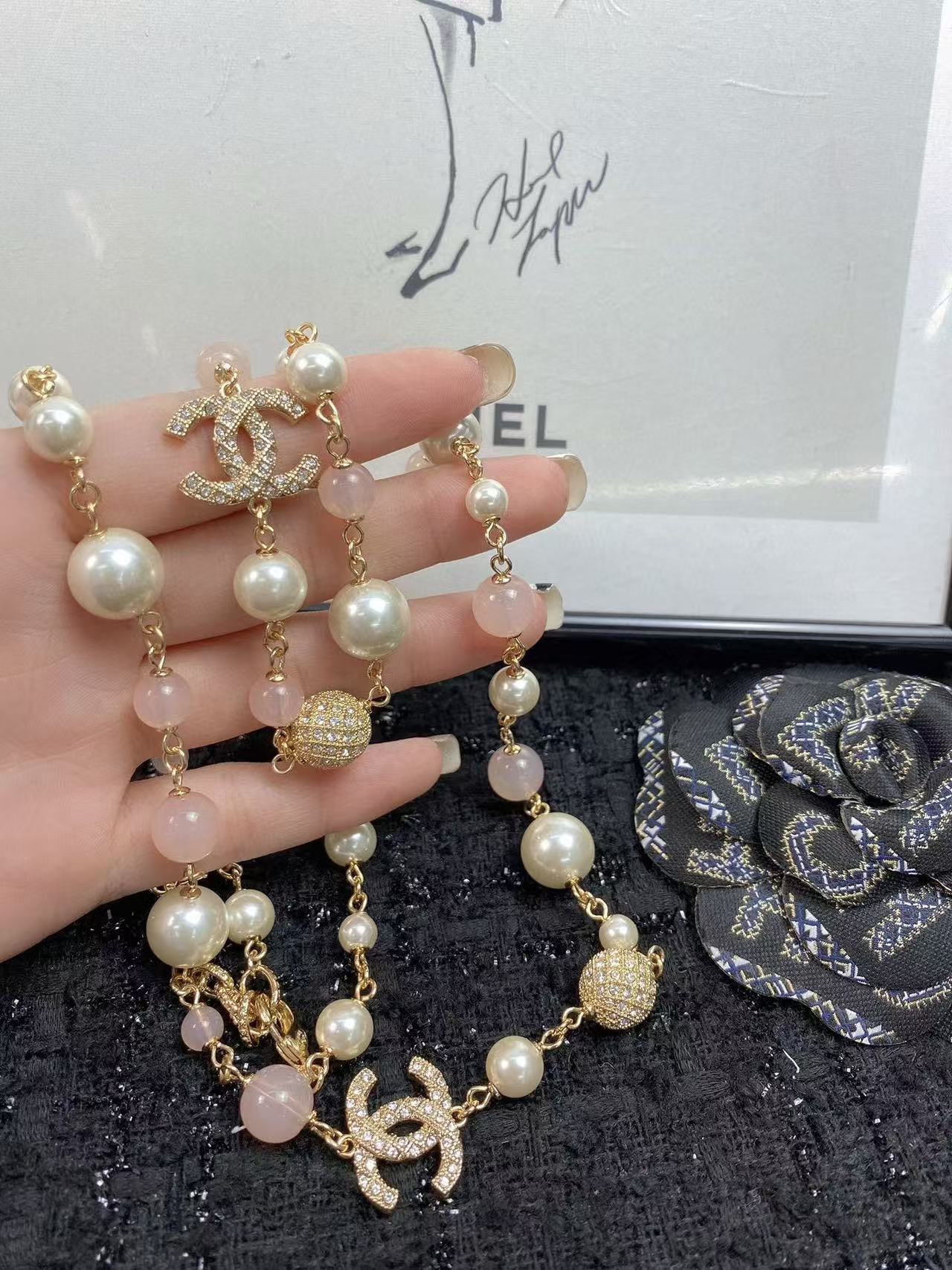 CHANE1 ダイヤモンド付きピンク パール セーター チェーン【 50％割引+送料無料】