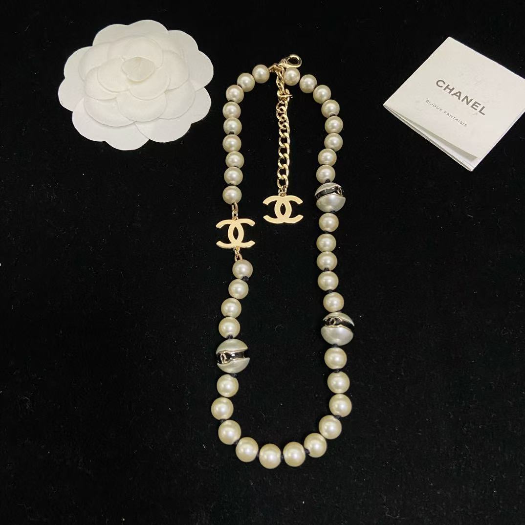 CHANE1 ダブルC ラウンドパールネックレス【50％割引+送料無料】