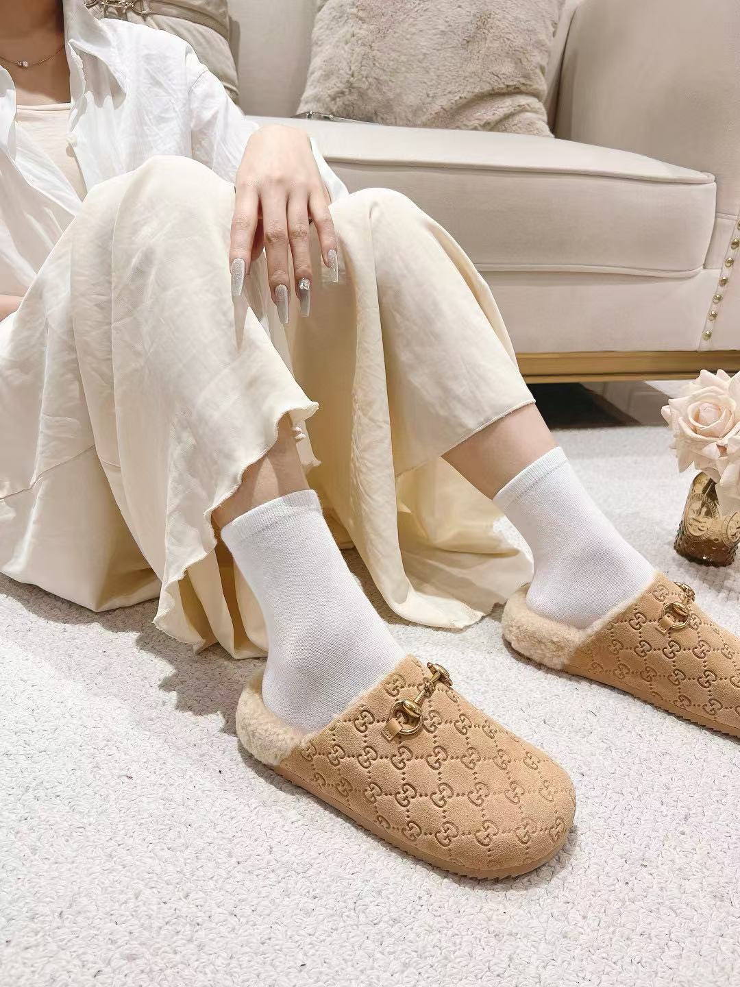 GUCC1 高品質ホースビットウールスリッパ【50％割引+送料無料】