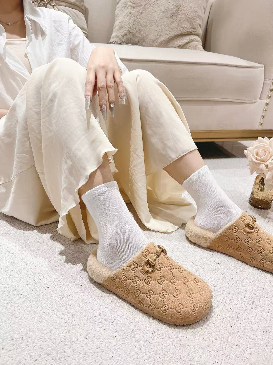 GUCC1 高品質ホースビットウールスリッパ【50％割引+送料無料】