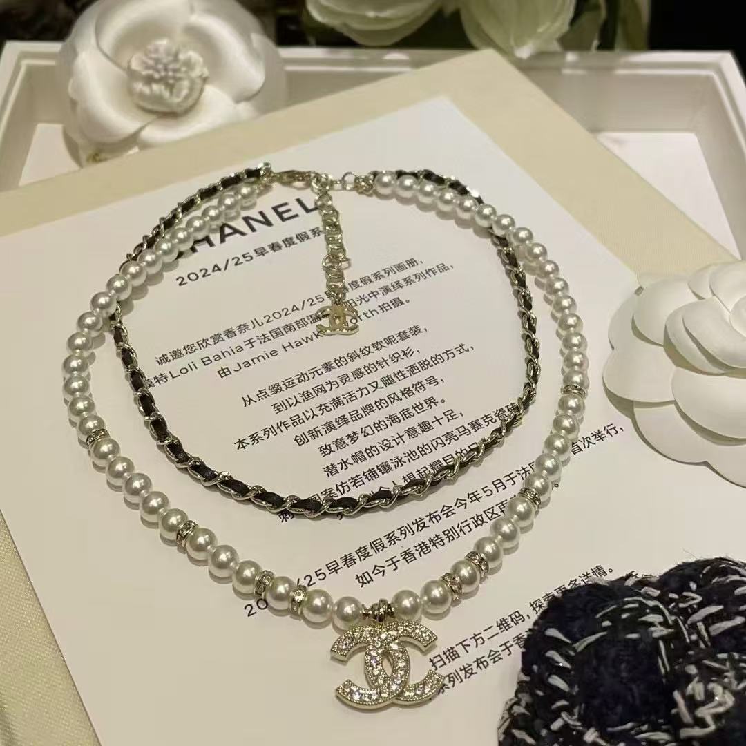 CHANE1 ダブルレイヤーレザーパールダブルCラインストーンネックレス【50％割引+送料無料】