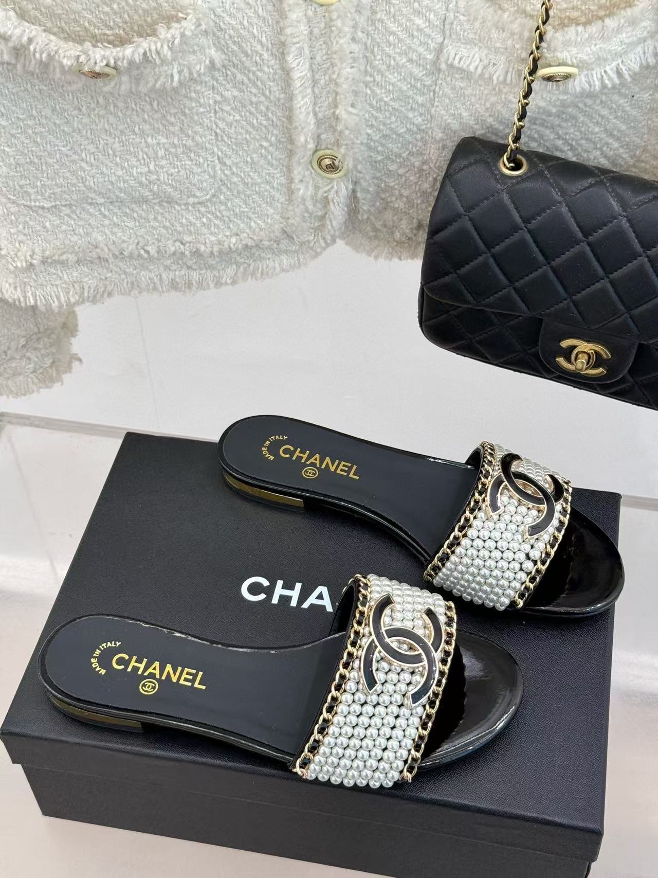 CHANE1 ダブルCチェーンパールフラットスリッパ【50％割引+送料無料】