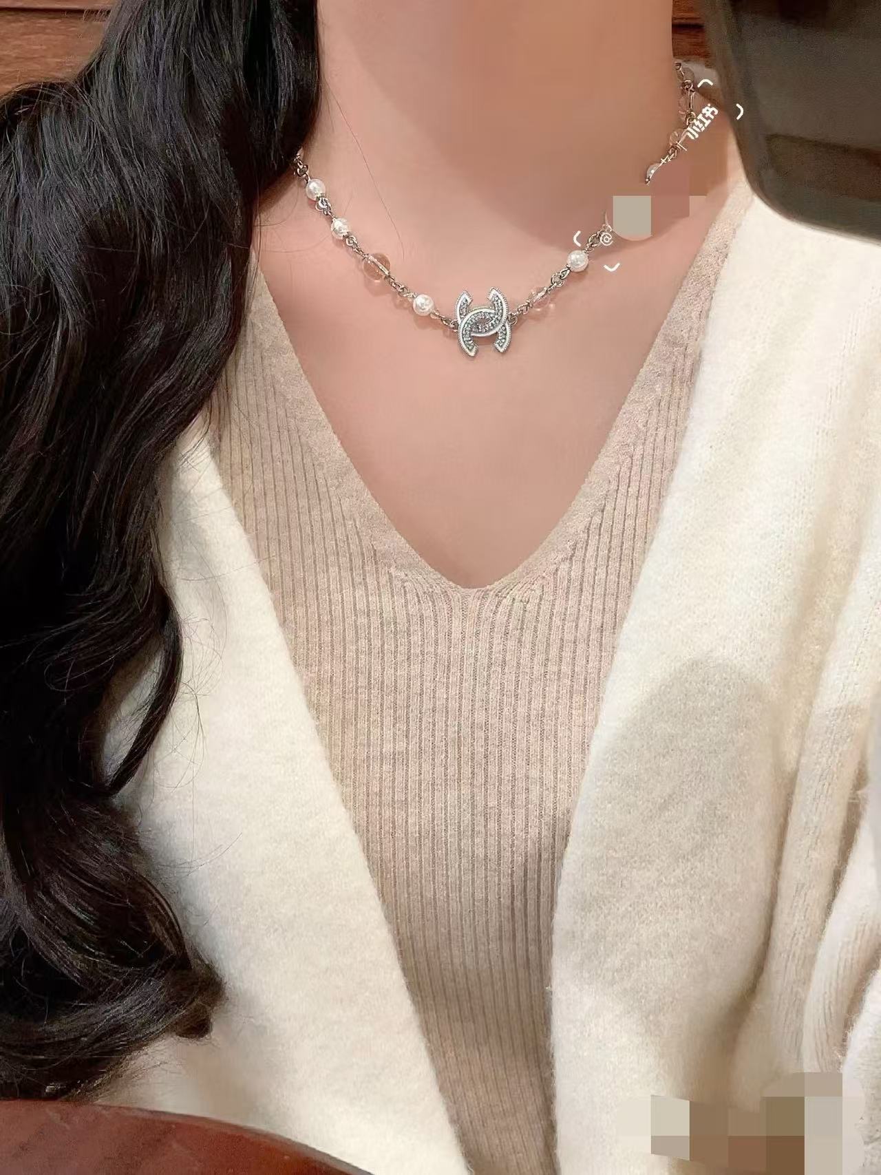 CHANE1 ダブルC スパンコール パールネックレス【50％割引+送料無料】