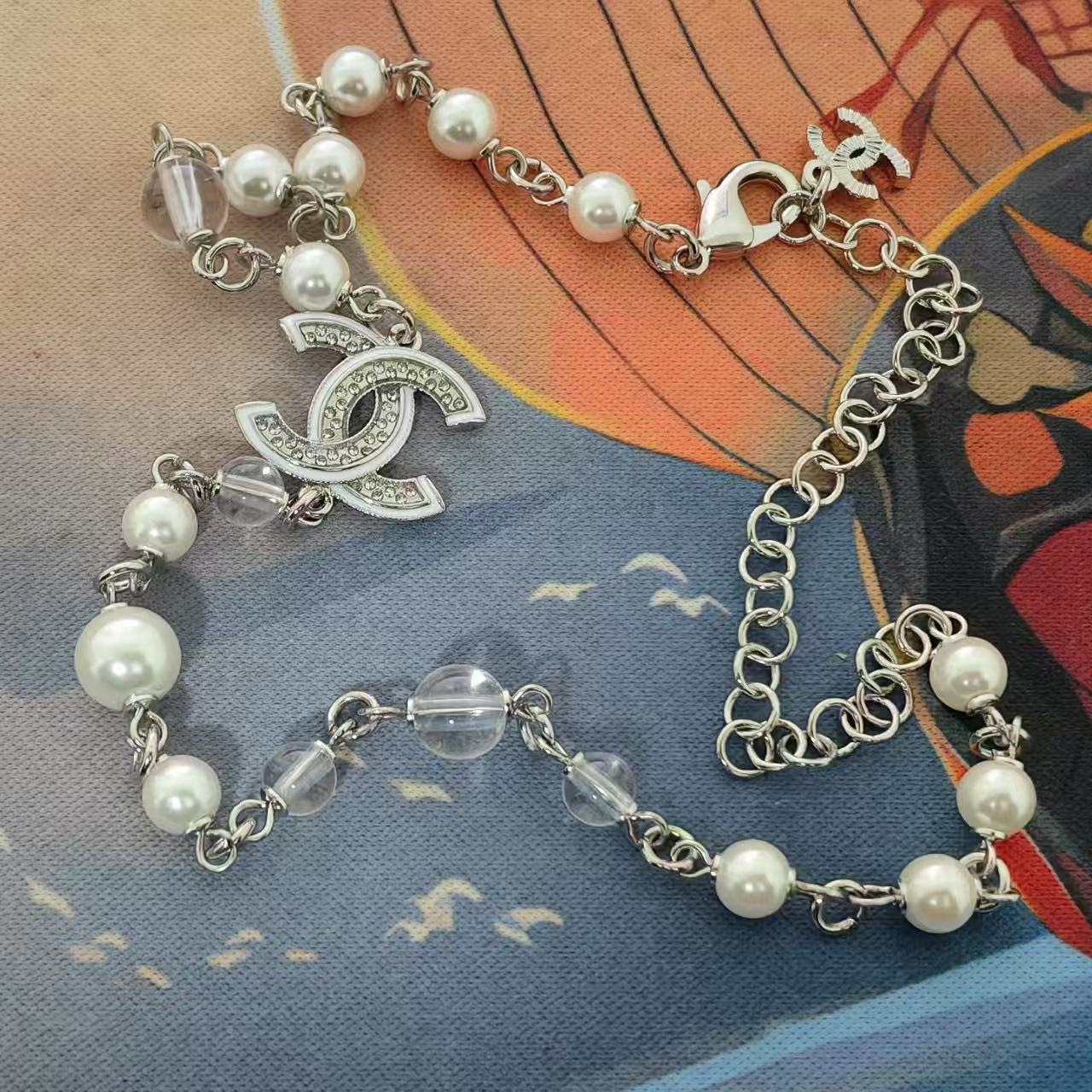 CHANE1 ダブルC スパンコール パールネックレス【50％割引+送料無料】