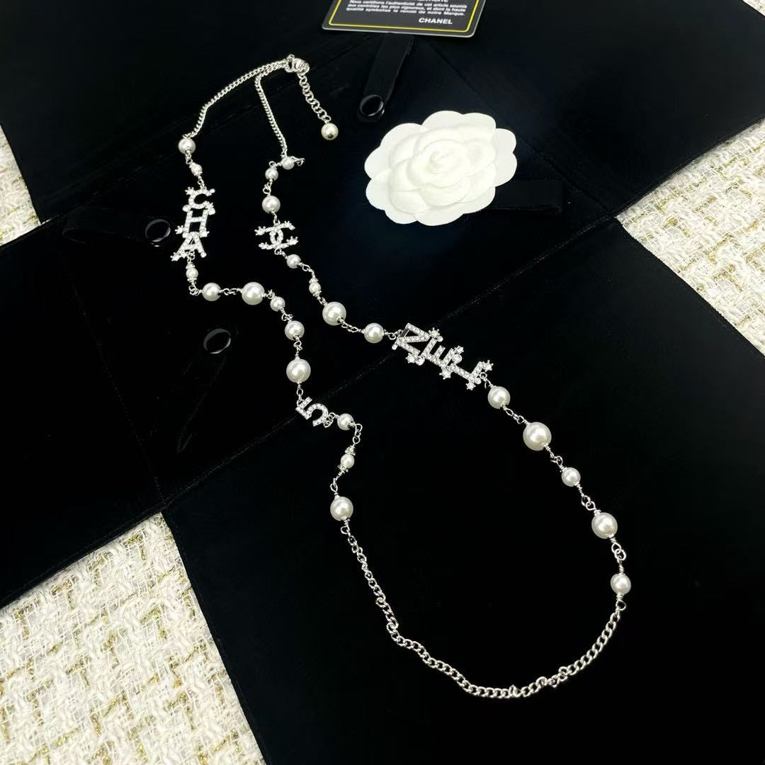 CHANE1 ダイヤモンドとパールのダブルレイヤーセーターネックレス【50％割引+送料無料】