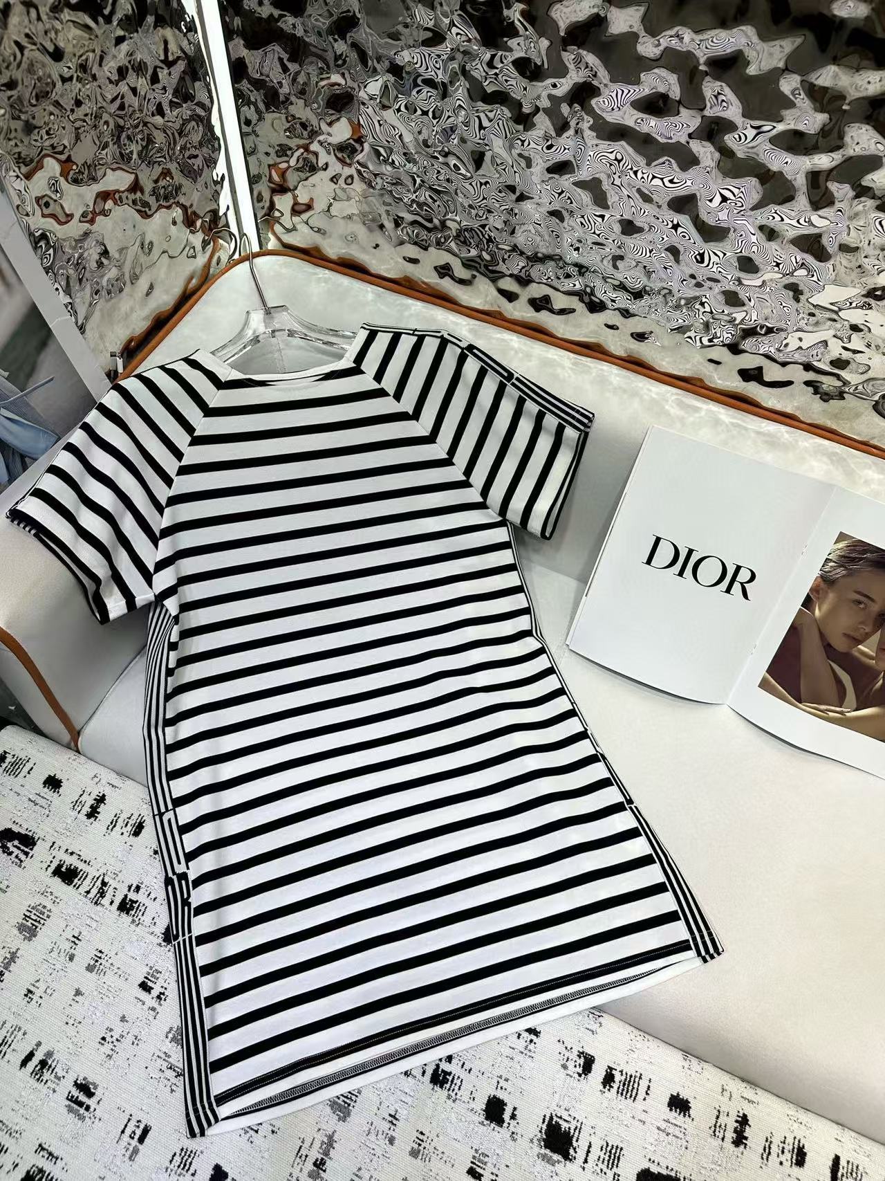 DI0R 高品質ストライプサイドパッチワークワンピース【 50％割引+送料無料】