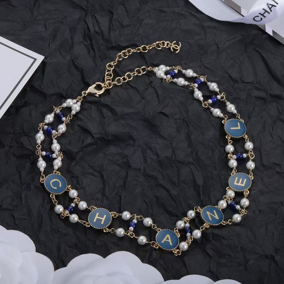 CHANE1 ブルーレターダブルネックレス【50％割引+送料無料】