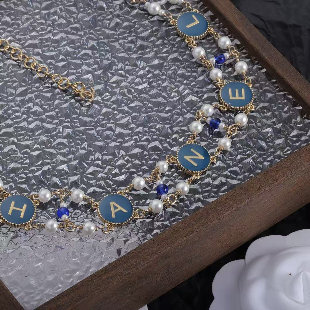 CHANE1 ブルーレターダブルネックレス【50％割引+送料無料】