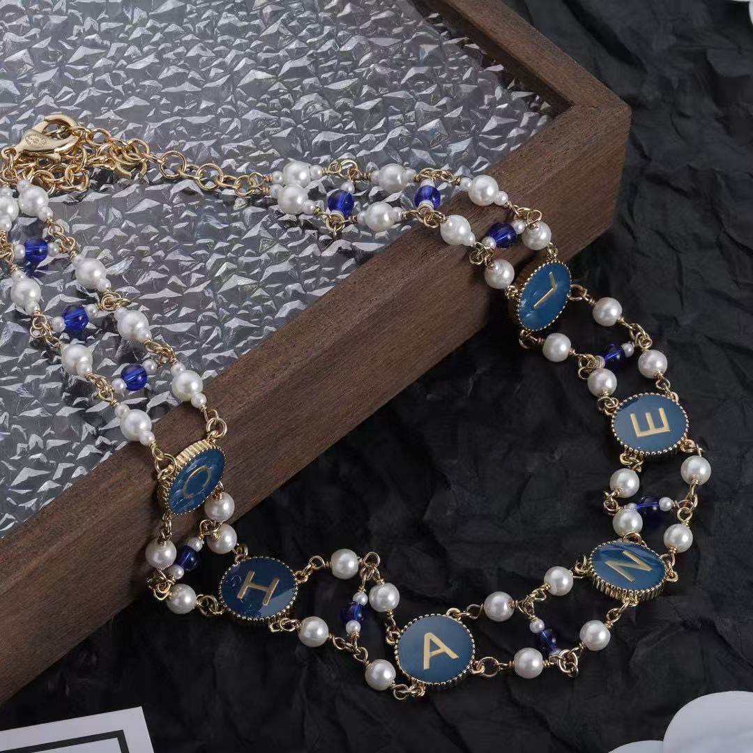 CHANE1 ブルーレターダブルネックレス【50％割引+送料無料】