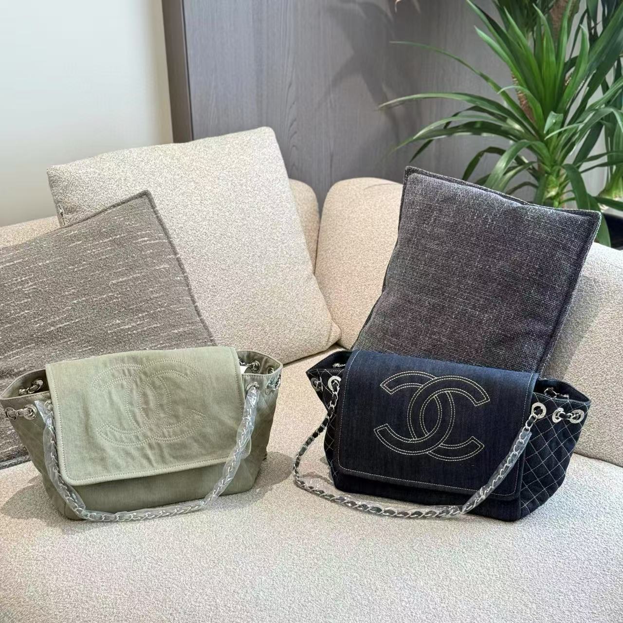 CHANE1 デニムダブルCラージロゴチェーンバッグ【 50％割引+送料無料】