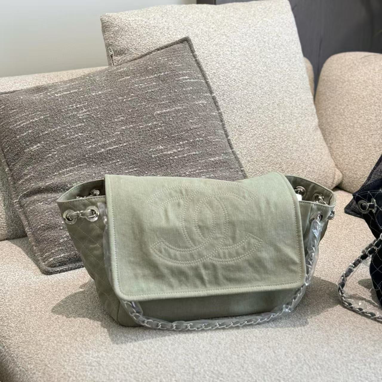 CHANE1 デニムダブルCラージロゴチェーンバッグ【 50％割引+送料無料】