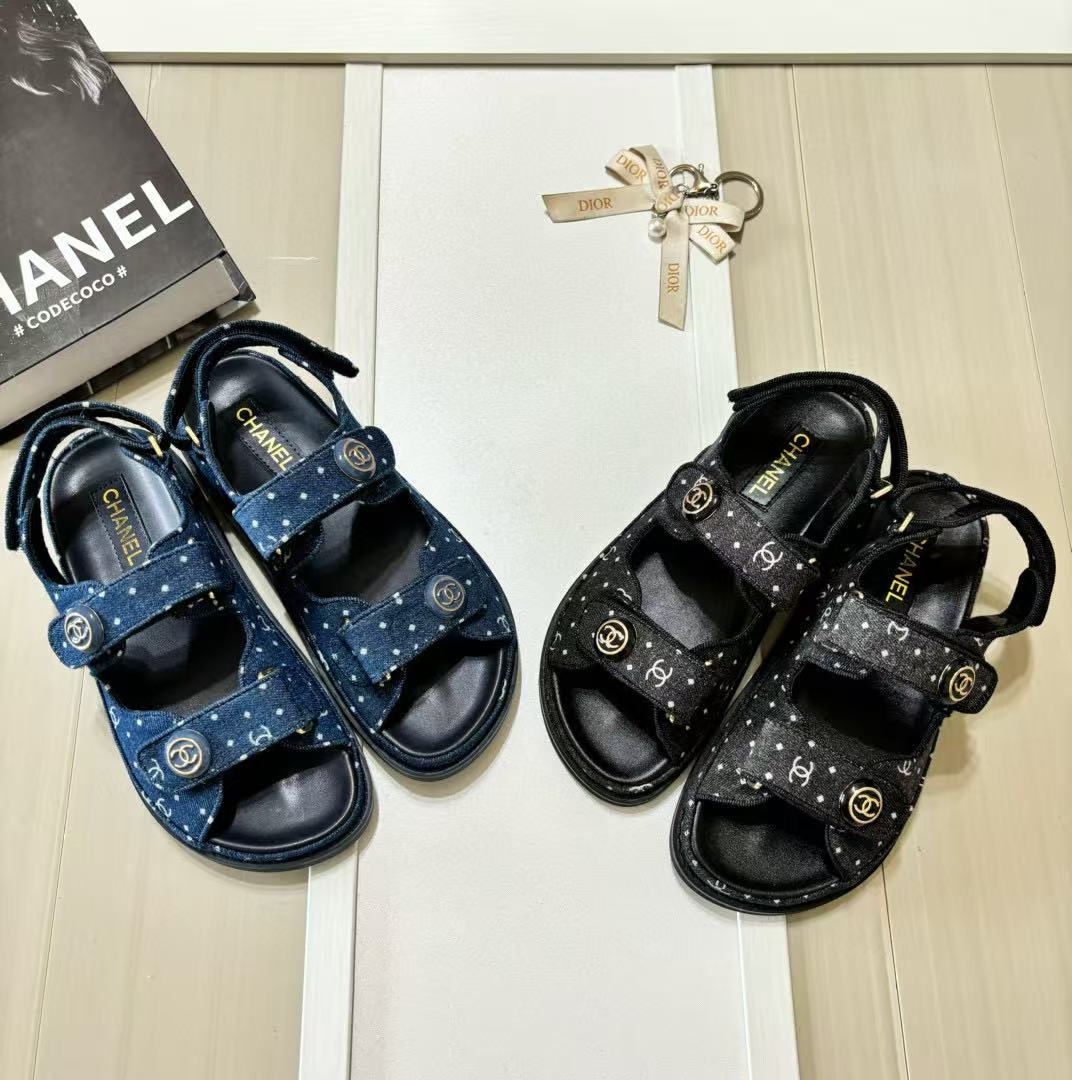 CHANE1 ドット柄デニムベルクロサンダル【50％割引+送料無料】