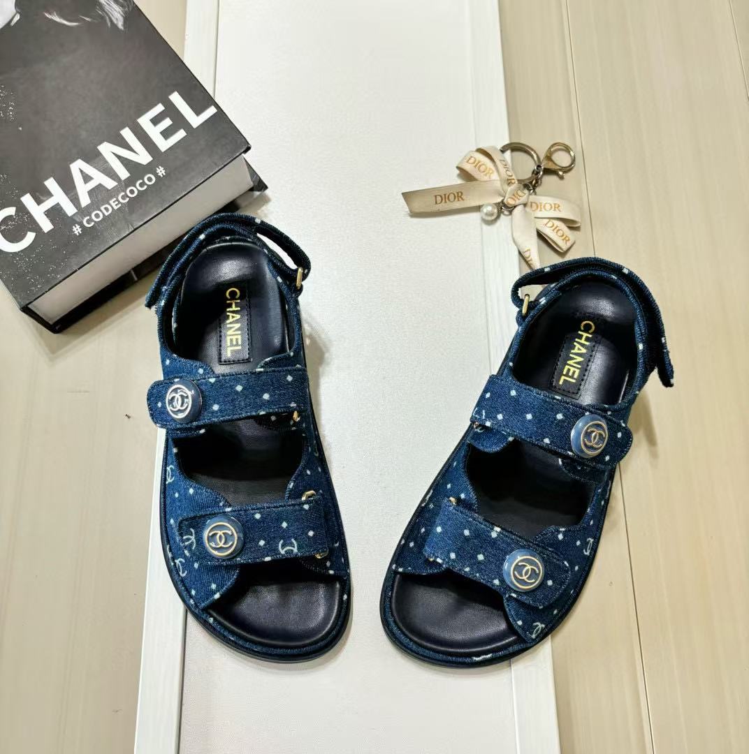 CHANE1 ドット柄デニムベルクロサンダル【50％割引+送料無料】