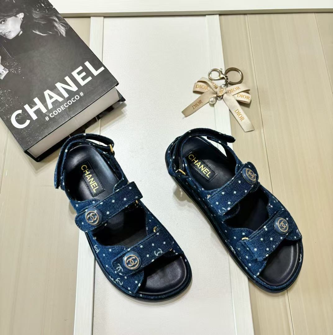 CHANE1 ドット柄デニムベルクロサンダル【50％割引+送料無料】