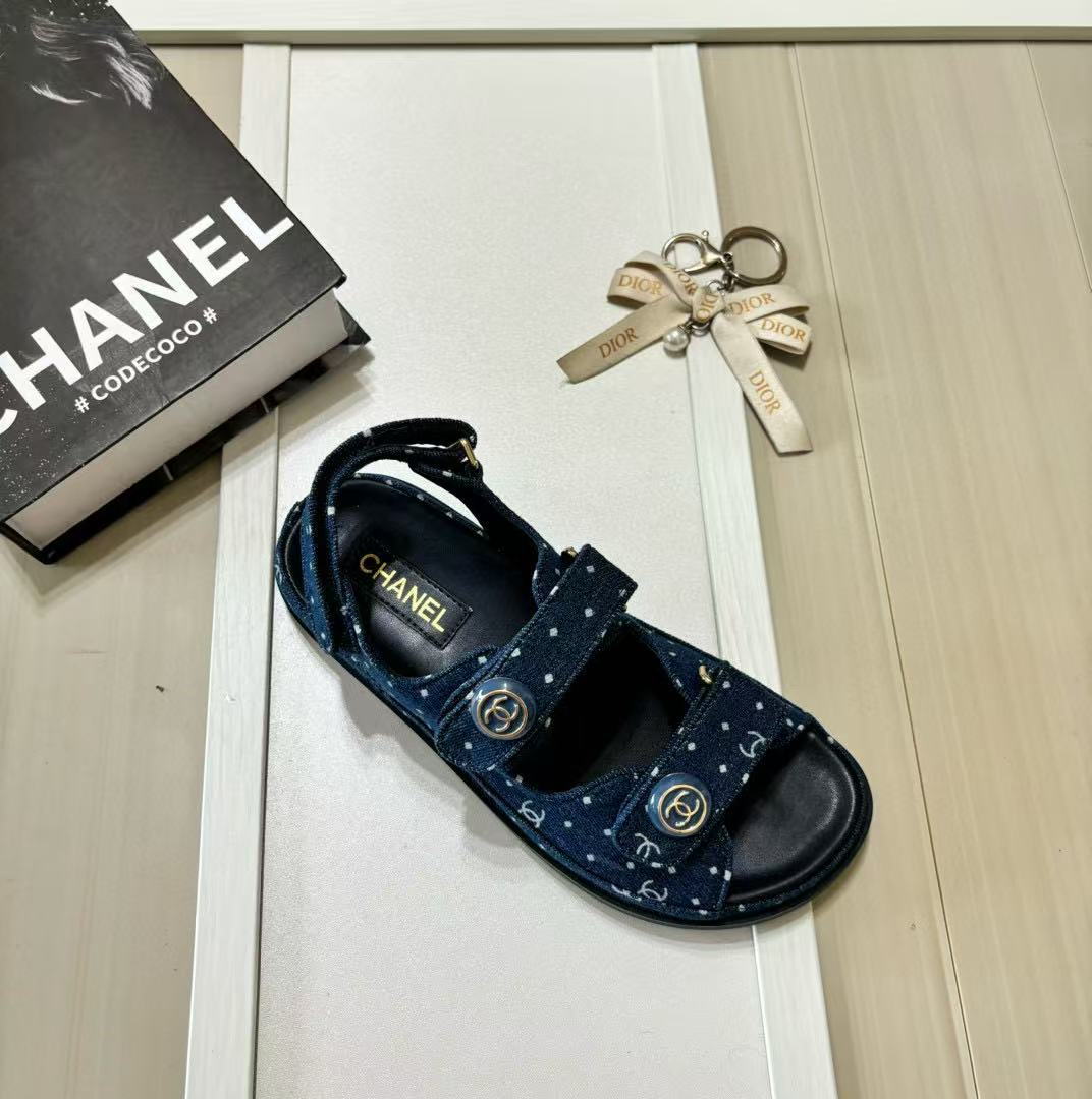 CHANE1 ドット柄デニムベルクロサンダル【50％割引+送料無料】