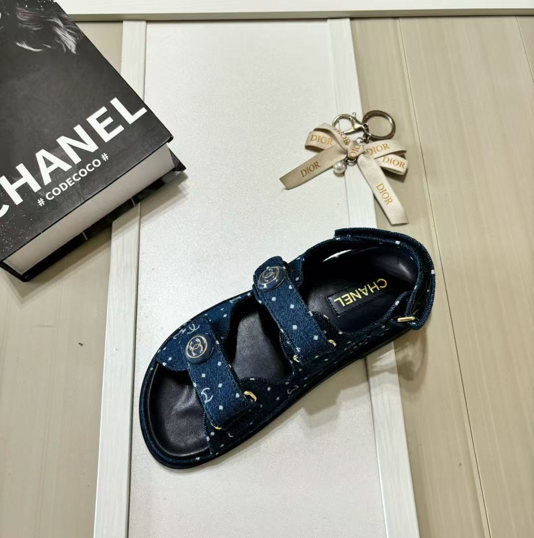 CHANE1 ドット柄デニムベルクロサンダル【50％割引+送料無料】