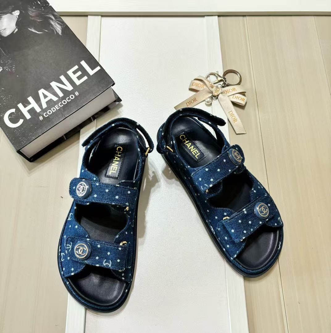 CHANE1 ドット柄デニムベルクロサンダル【50％割引+送料無料】