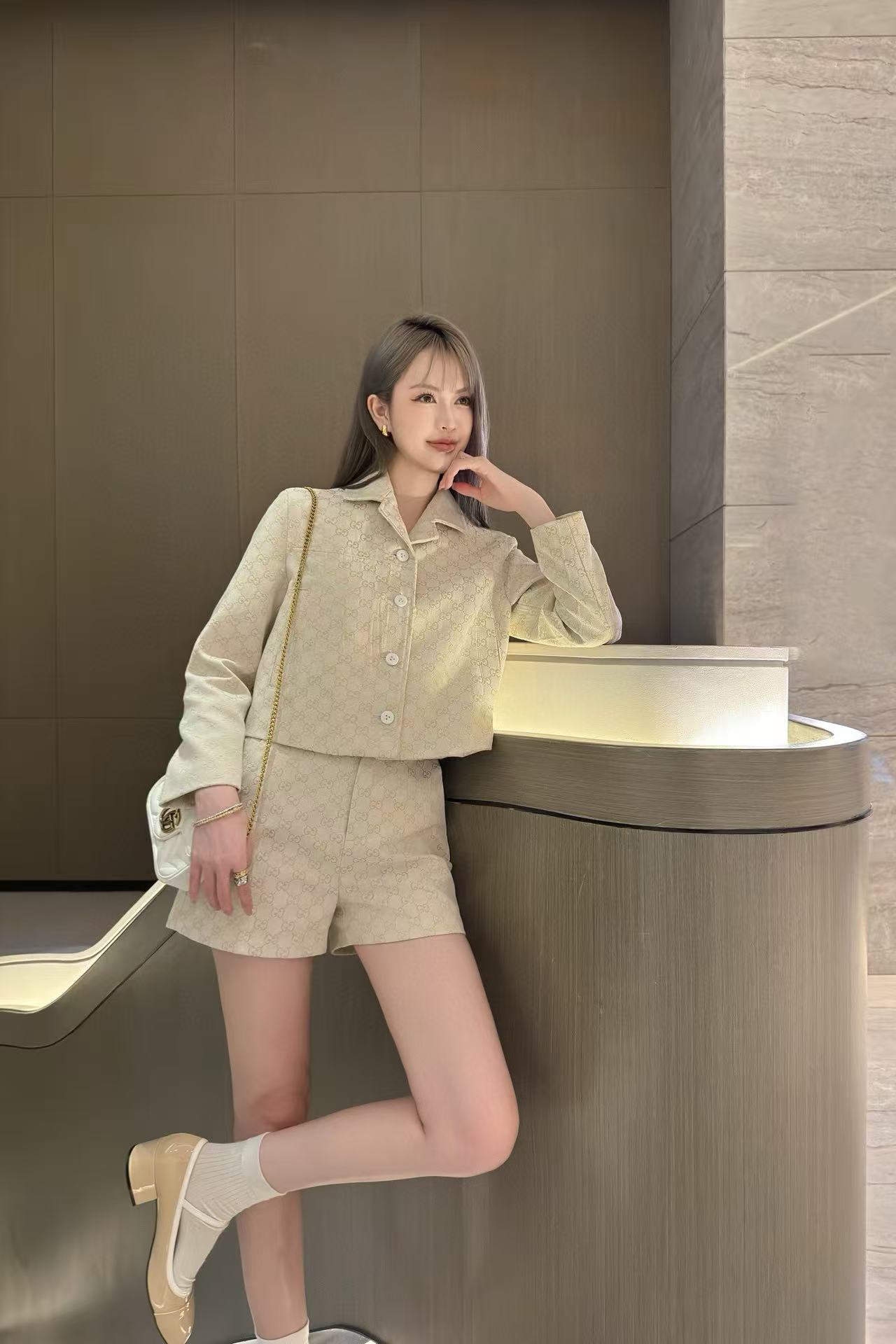 GUCC1 ジャカードデニムジャケット + ショーツ ツーピースセット【 50％割引+送料無料】