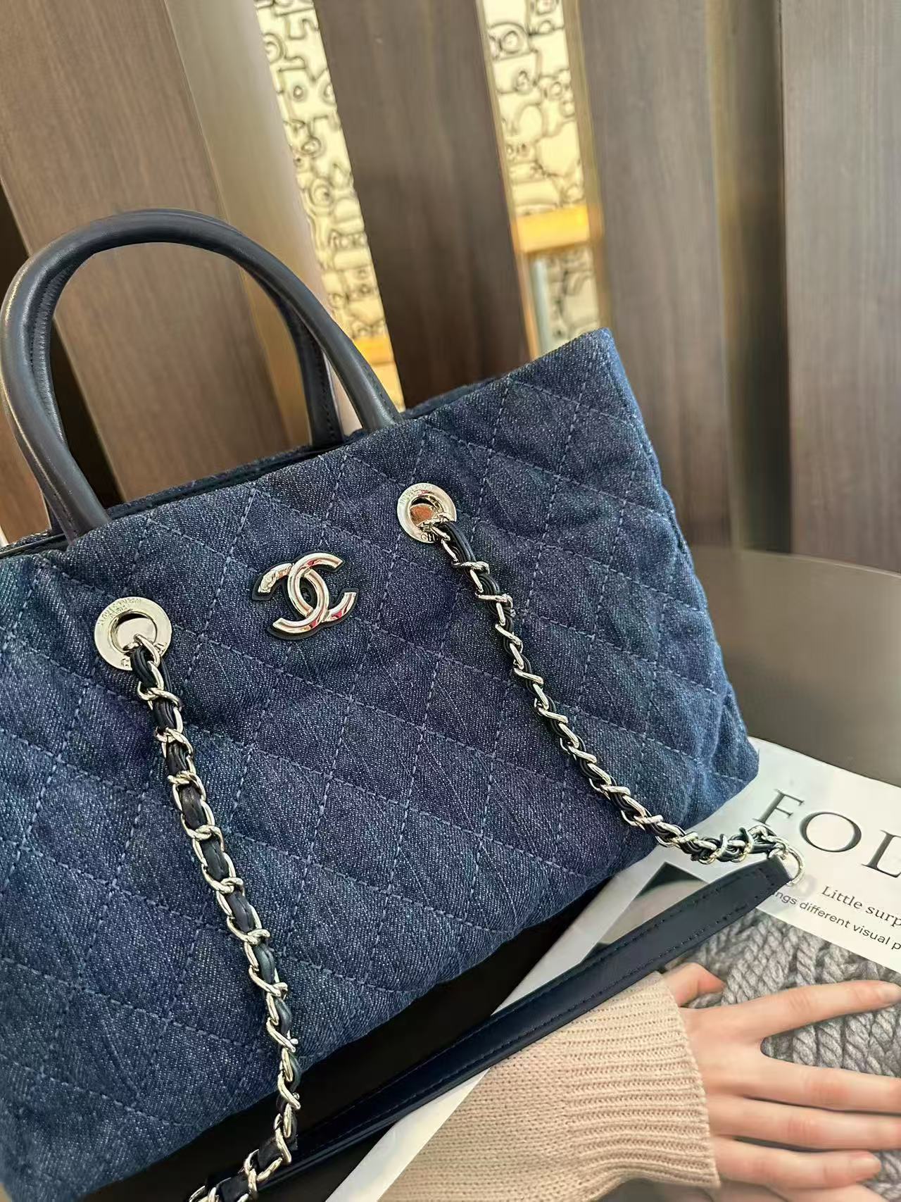 CHANE1 デニムチェーンショッピングバッグ【 50％割引+送料無料】