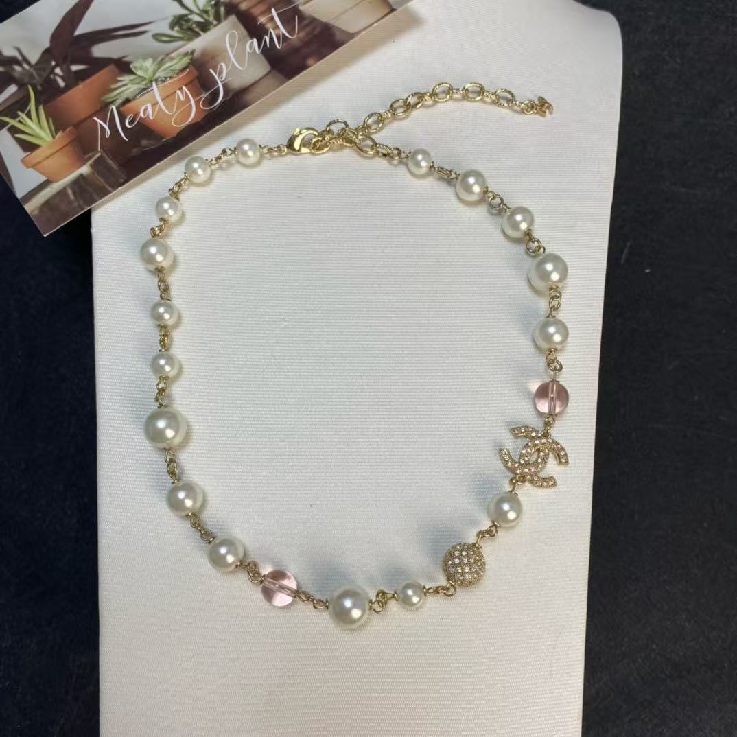 CHANE1 ピンクガラス フルダイヤモンド パールネックレス【 50％割引+送料無料】