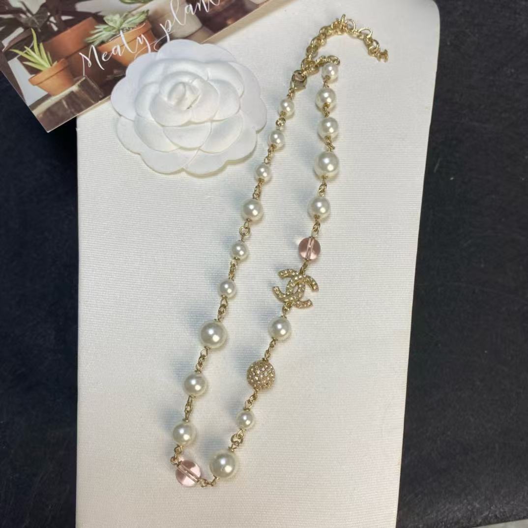 CHANE1 ピンクガラス フルダイヤモンド パールネックレス【 50％割引+送料無料】