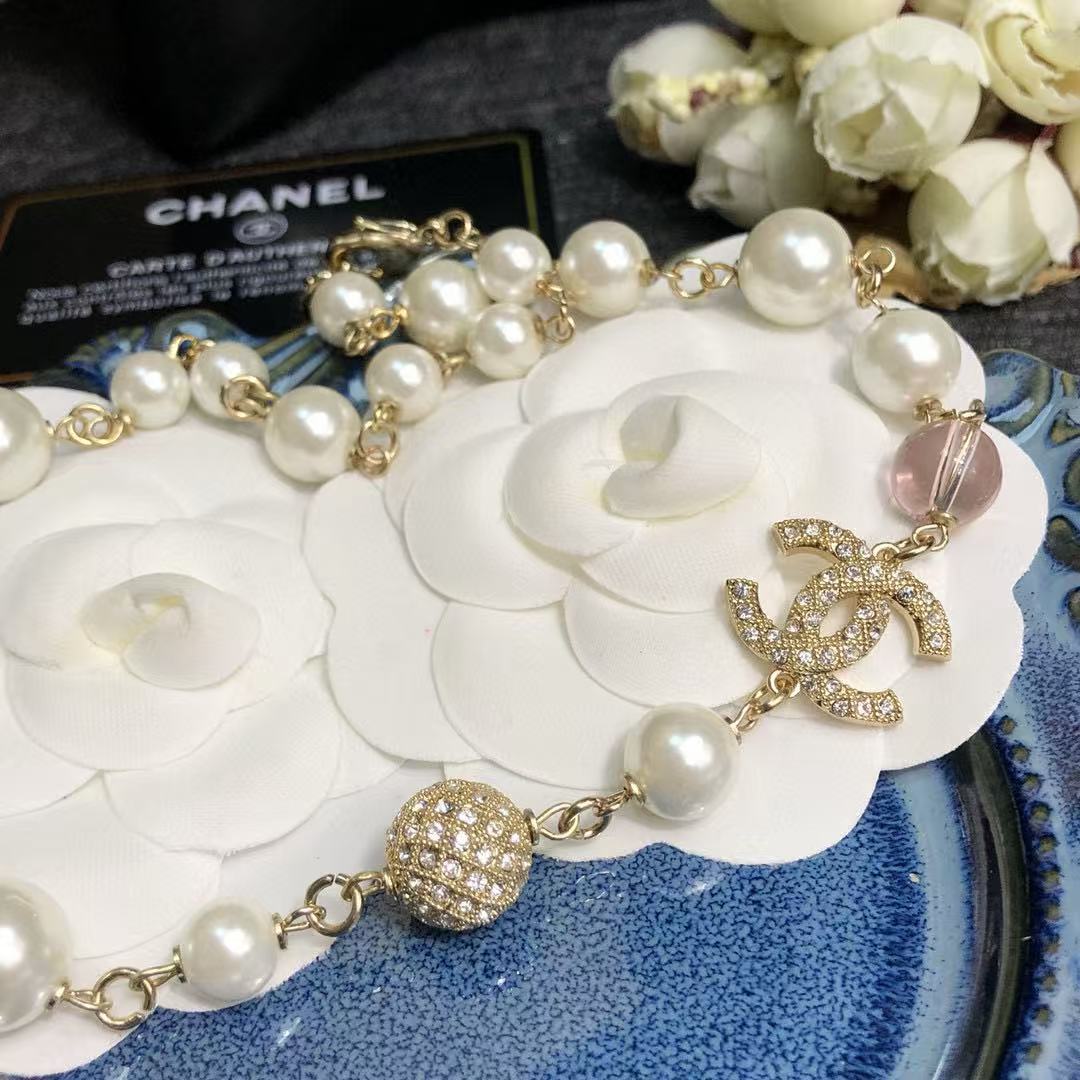 CHANE1 ピンクガラス フルダイヤモンド パールネックレス【 50％割引+送料無料】